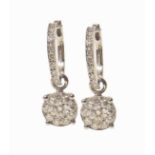 Pair of 18ct white gold diamond cluster drop earrings , the round clusters suspended from diamond