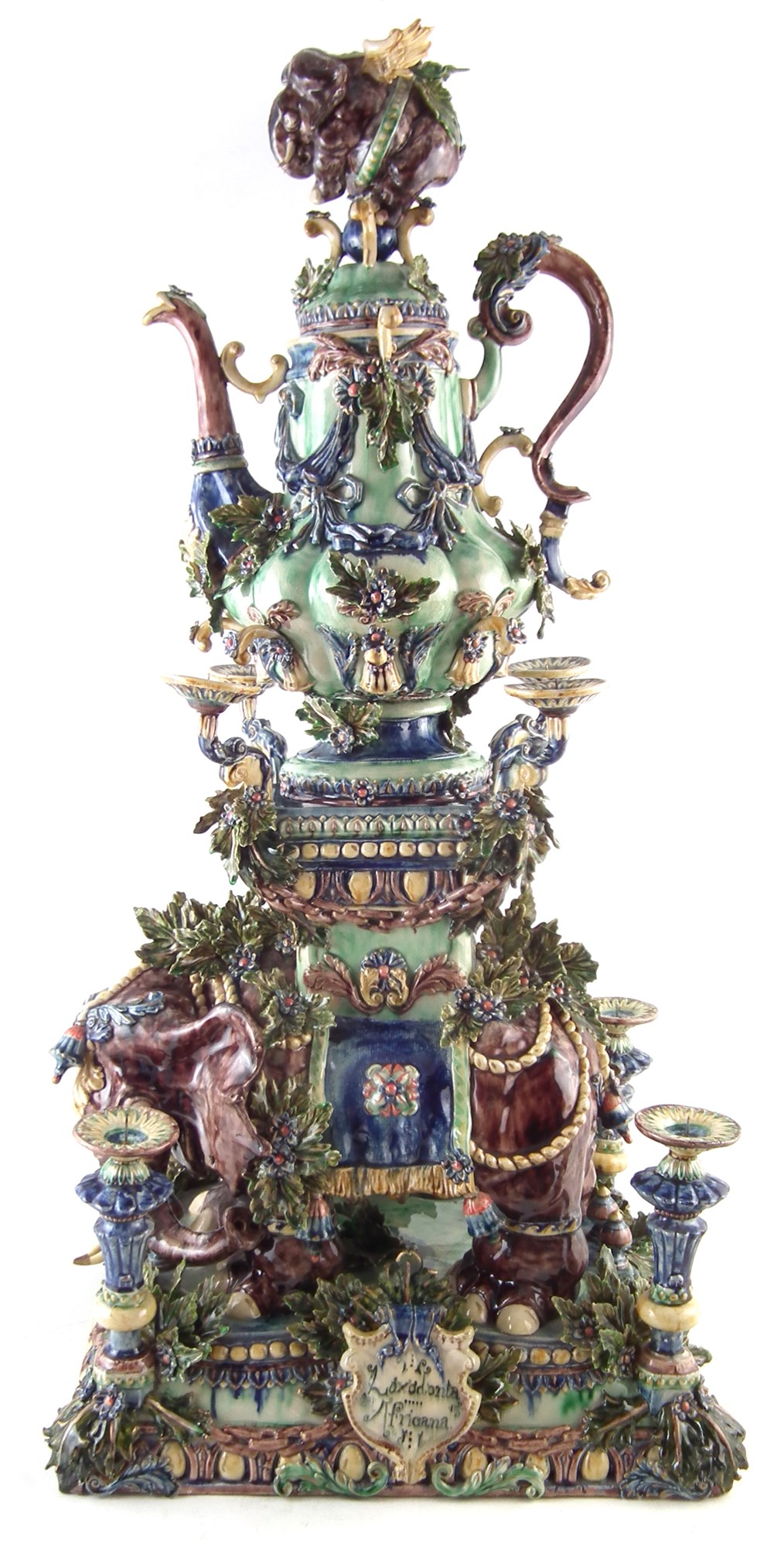 Peter Weldon Majolica elephant samovar "Loxodonta Africana", the elaborate vessel with winged