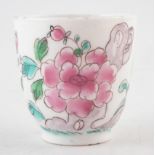 Bow good coffee cup circa 1755 , painted in famille rose style with chrysanthemum and holed rocks,