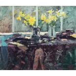 Ken Howard R.A. (1932-), "Daffodils at Mousehole", signed, oil on canvas, 50 x 59.5cm, 19.75 x 23.