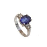 Sapphire and Diamond 3-stone 18ct white gold ring , central oval brilliant cut sapphire measuring