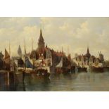 Dutch School, 19th century , River townscape with boats and figures, unsigned, oil on canvas, 76 x