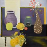 Rachel Jeffery, 20th century, "Still Life With Small Lime Green Pot", signed and titled on verso,