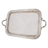 Silver rectangular serving tray , two handled form, plain polished body with monogrammed initial 'A'