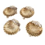 Boxed set shell-form silver salts , each resting on 3 ball feet, marks for Minshull & Latimer,