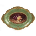 Coalport twin handled dish signed F.H. Chivers, painted with fallen fruit on a mossy bank within