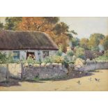 John McDougal (British, 1877-1941), Rural lane with cottages and chickens, signed and dated 1890.