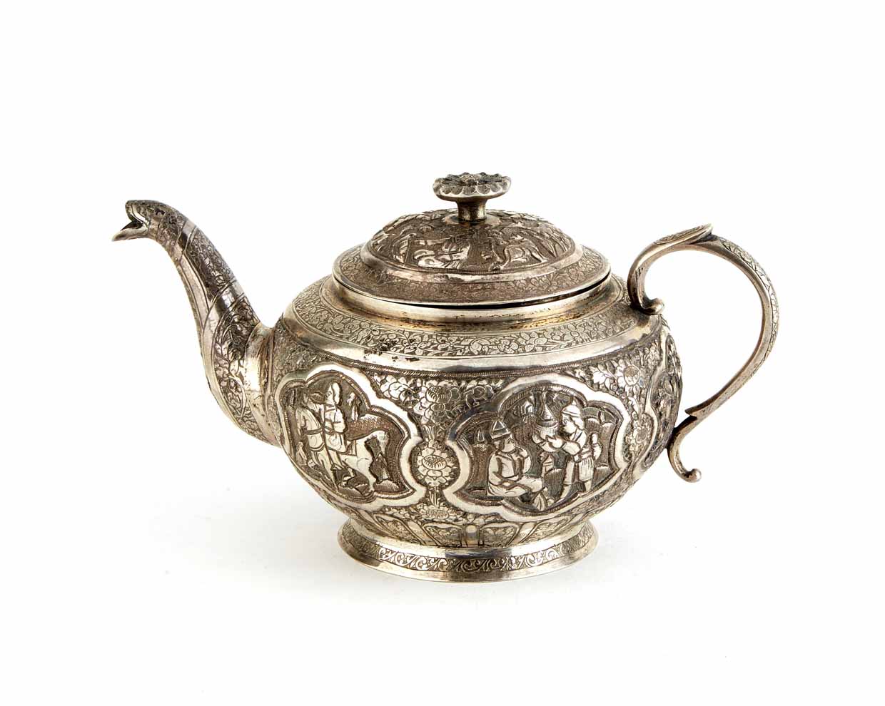 Small Persian silver teapot, round squat body, spout and handle chased with floral and foliate