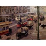 Robert Nixon, 20th century, "Manchester Trams", signed, oil on board, 44 x 59.5cm, 17.5 x 23.5in.