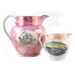 Sunderland Lustre jug, printed with 'Sailor's Farewell' within a pink lustre ground, also another