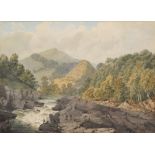 English School, late 18th century, "A River in North Wales" with fishermen, unsigned, titled and