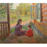 Russian School, 20th century, Figures seated on a porch, signed and dated 1951, titled in Cyrillic