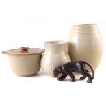 Bullers panther, two vases and a lidded pot, decorated with pale yellow and brown glazes, two