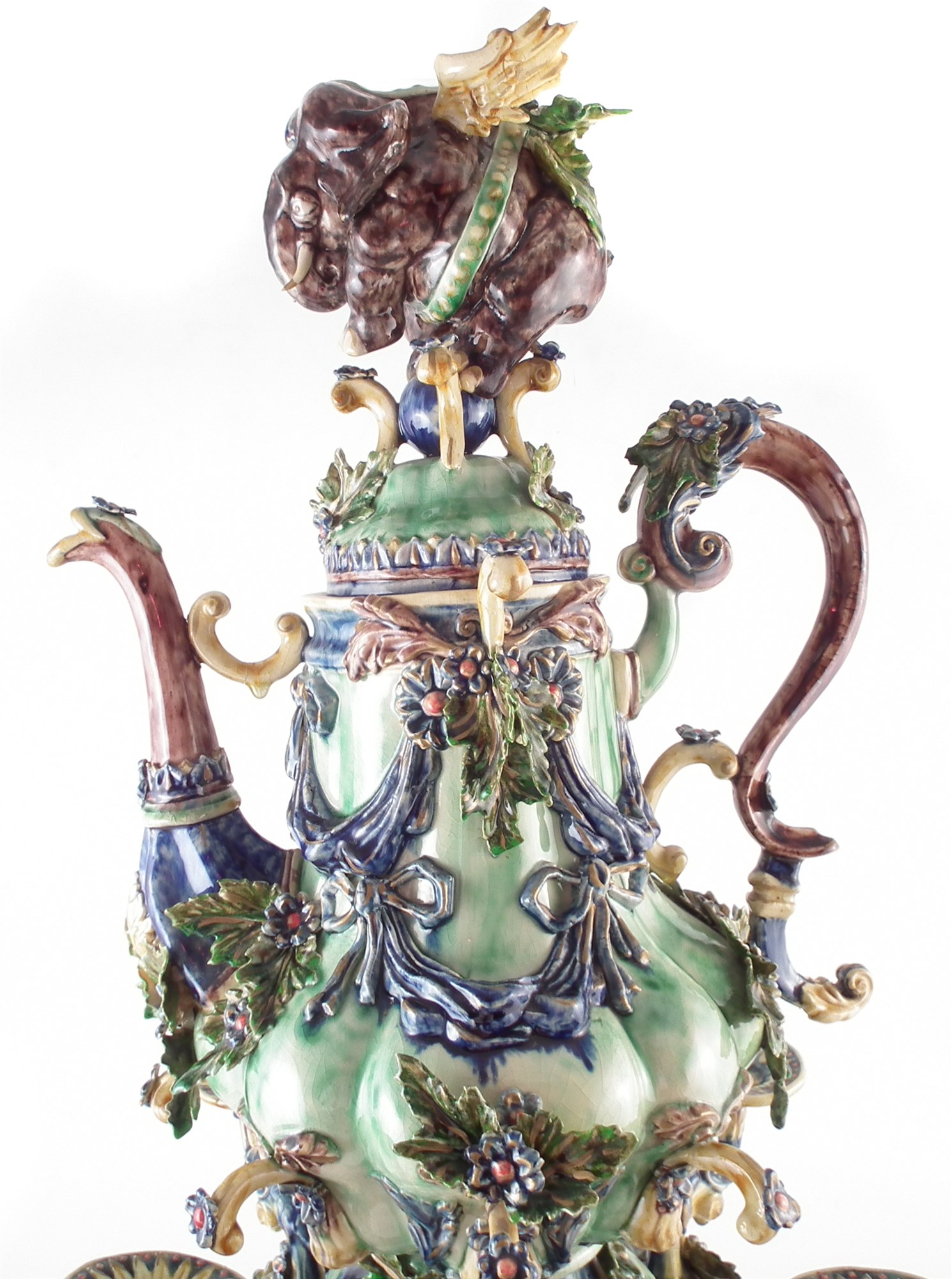 Peter Weldon Majolica elephant samovar "Loxodonta Africana", the elaborate vessel with winged - Image 2 of 20