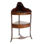 George III mahogany corner wash stand, shaped back boards, top shelf cut to accommodate bowl and