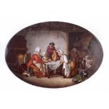 Sevres style oval plaque, painted by Leber after Jean-Baptiste Greuze with in interior scene with