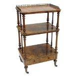 Victorian burr walnut what-not, three shelves of rectangular shape supported by turned columns,