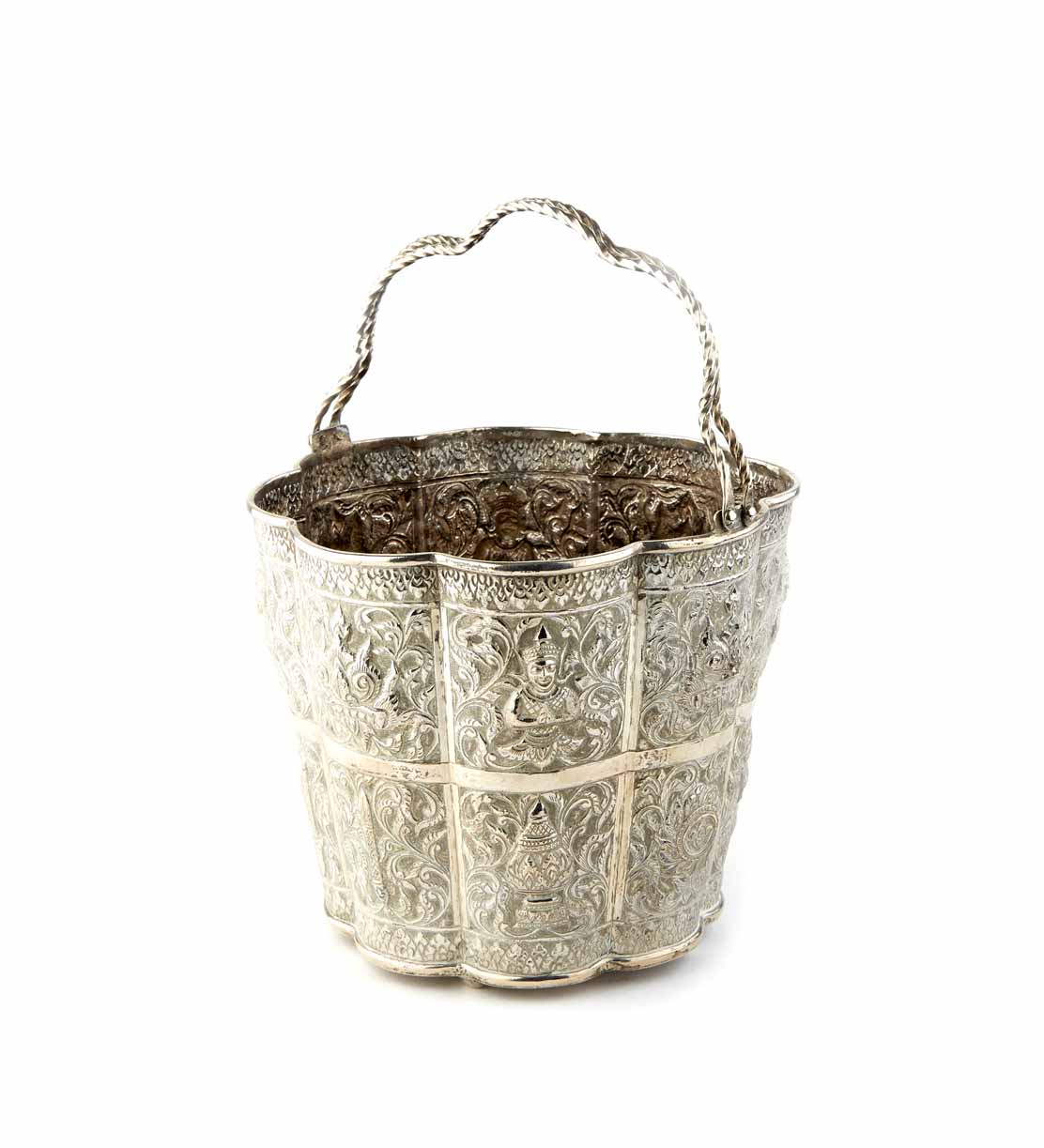 Asian silver bucket, decorated with elaborate floral and foliate repousse work, decorative panels