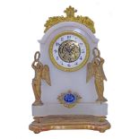 A late 19th century French marble manel clock. With curved arched pediment mounted with brass crown,