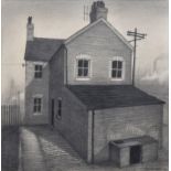 Trevor Grimshaw (1947-2001), House and telegraph pole with industrial cityscape beyond, signed and