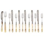 A set of silver and mother of pearl knives and forks , comprising 6 forks, 6 knives, polished