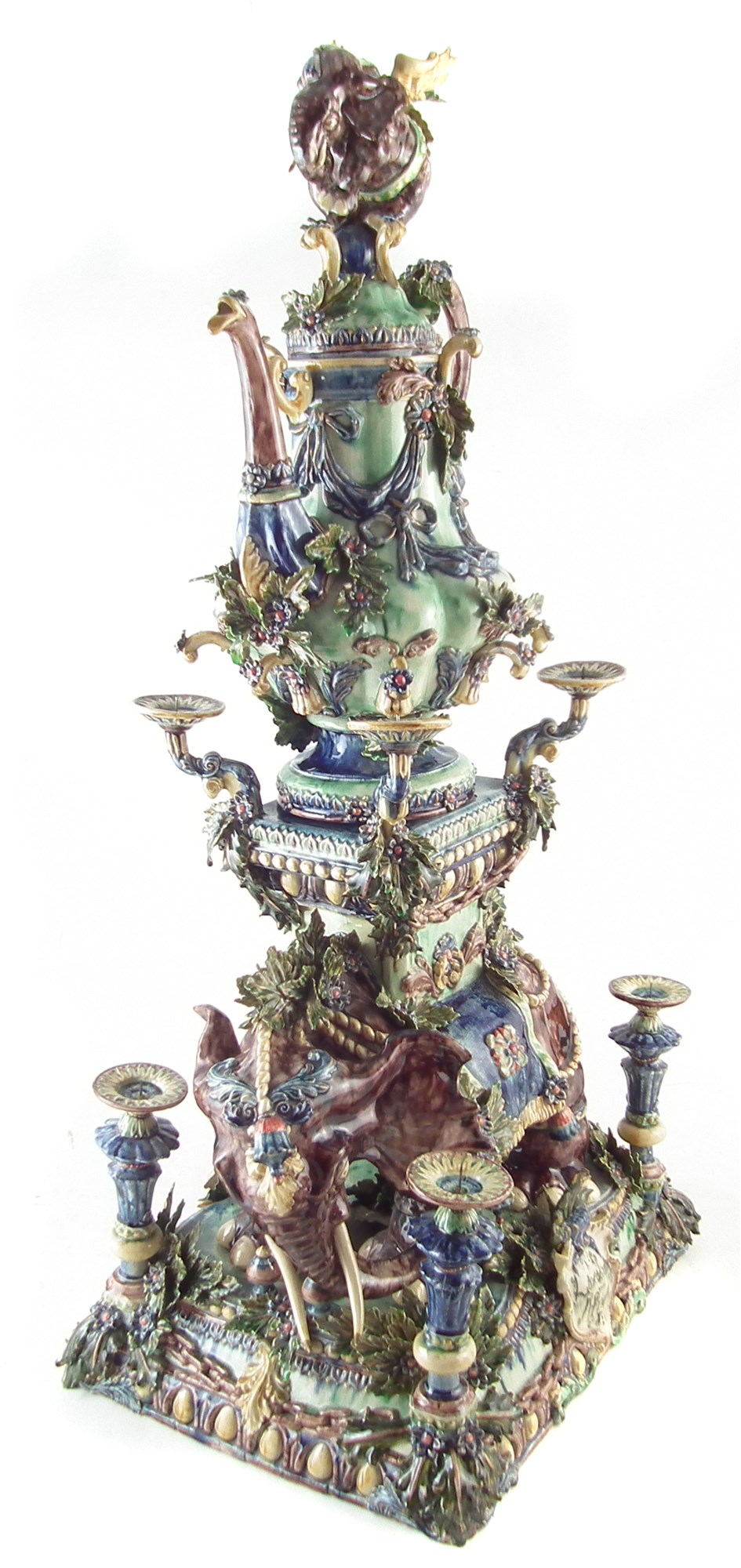 Peter Weldon Majolica elephant samovar "Loxodonta Africana", the elaborate vessel with winged - Image 4 of 20