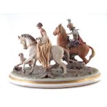 Capodimonte Hunts man, Hunts lady, and hounds group, signed Falchi, modelled on oval base, 58cm