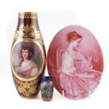 Vienna type vase signed Wagner, painted with a portrait of a lady within raised paste gilt work on a