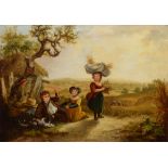 Style of Thomas Faed (1826-1900), Pastoral scene with children and a dog in the foreground, a