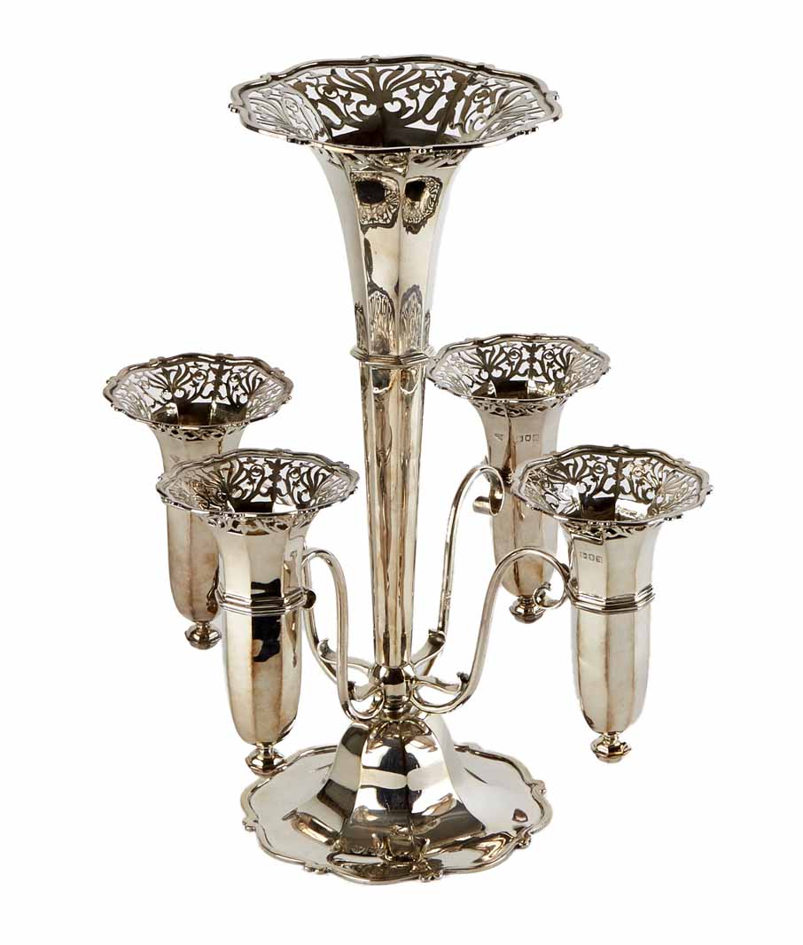 Edwardian silver epergne, plain faceted tapered body with flared rim onto pedestal base with