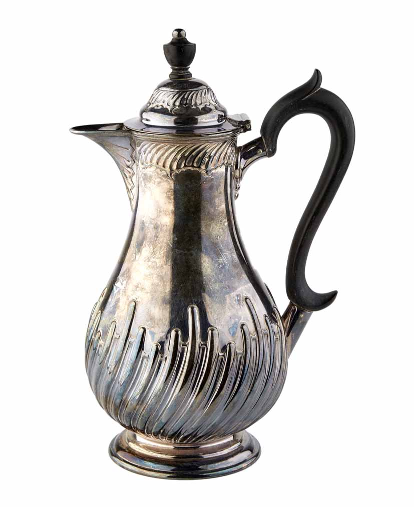 Victorian silver lidded jug, embossed fluted decoration to body, plain polished neck, black scroll