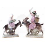 Two Meissen figures of Tailor of Count Bruehl and his wife riding goats, after KÃ¤ndler, model