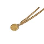 Victorian sovereign pendant on 18ct yellow gold chain , each loop on graduated curb-link chain