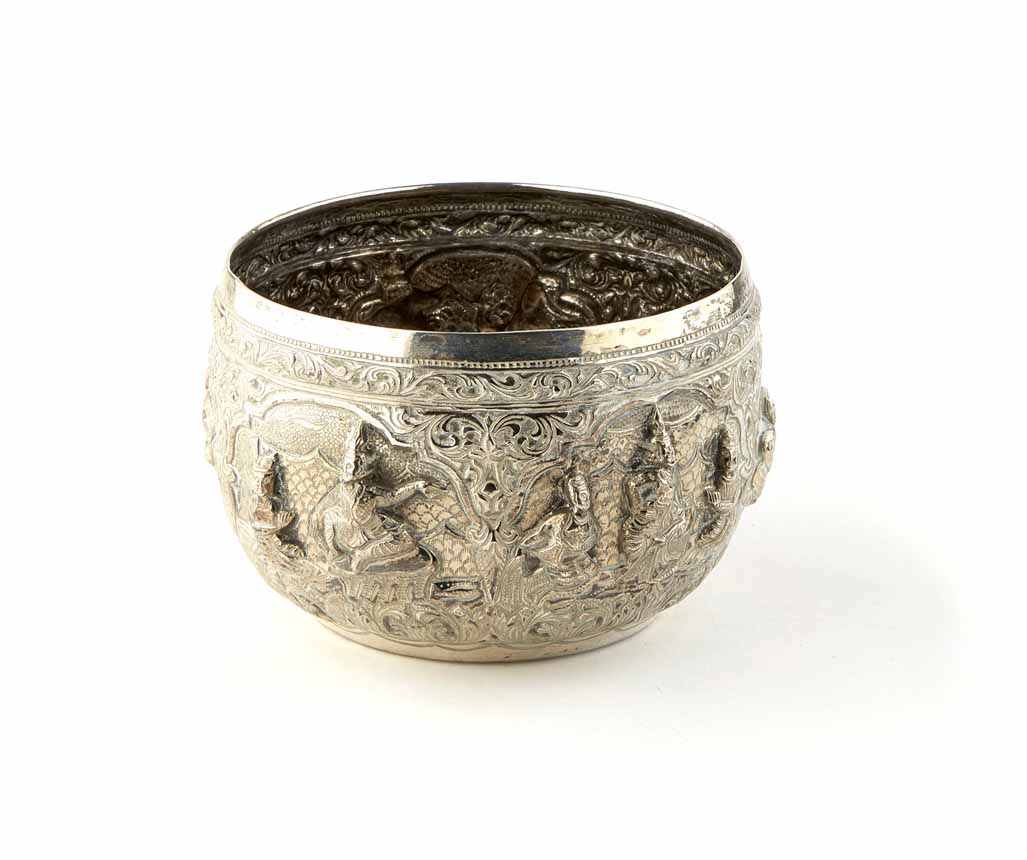 Asian silver bowl, elaborate floral and scrollwork decoration, six cartouches to body depicting high