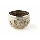 Asian silver bowl, elaborate floral and scrollwork decoration, six cartouches to body depicting high