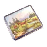 Continental silver and enamel cigarette case , rectangular form with truncated corners, hand-painted