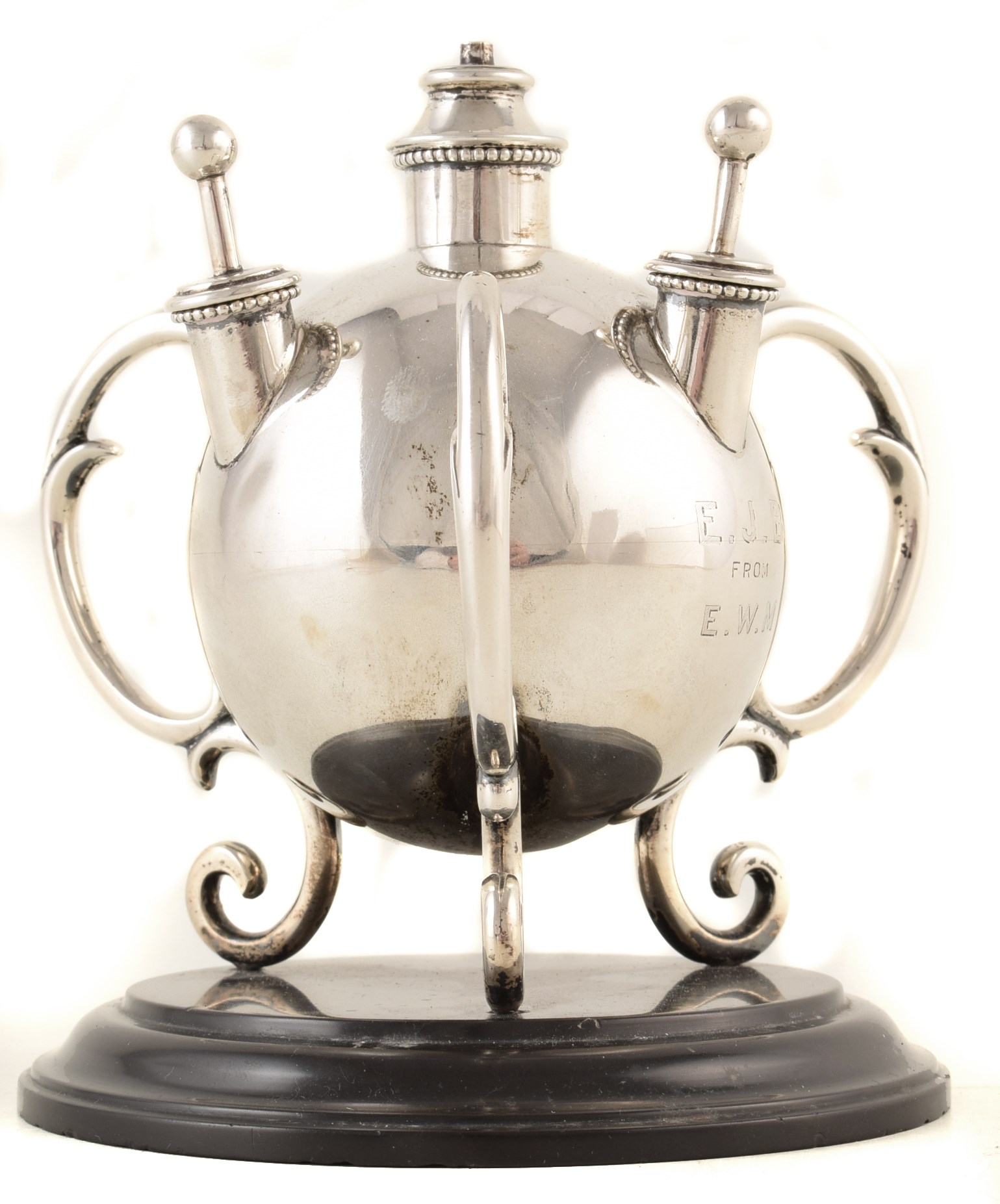Silver spherical cigar/cigarette table lighter , height approx. 13cm, inscribed 'E.J.B from E.W.M.',