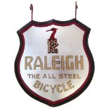 Raleigh bicycle shop sign, double sided shield shape with frosted mirror effect, 64cm high including