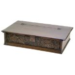 20th century re-constructed oak bible box of 17th century design, hinged top opening to reveal