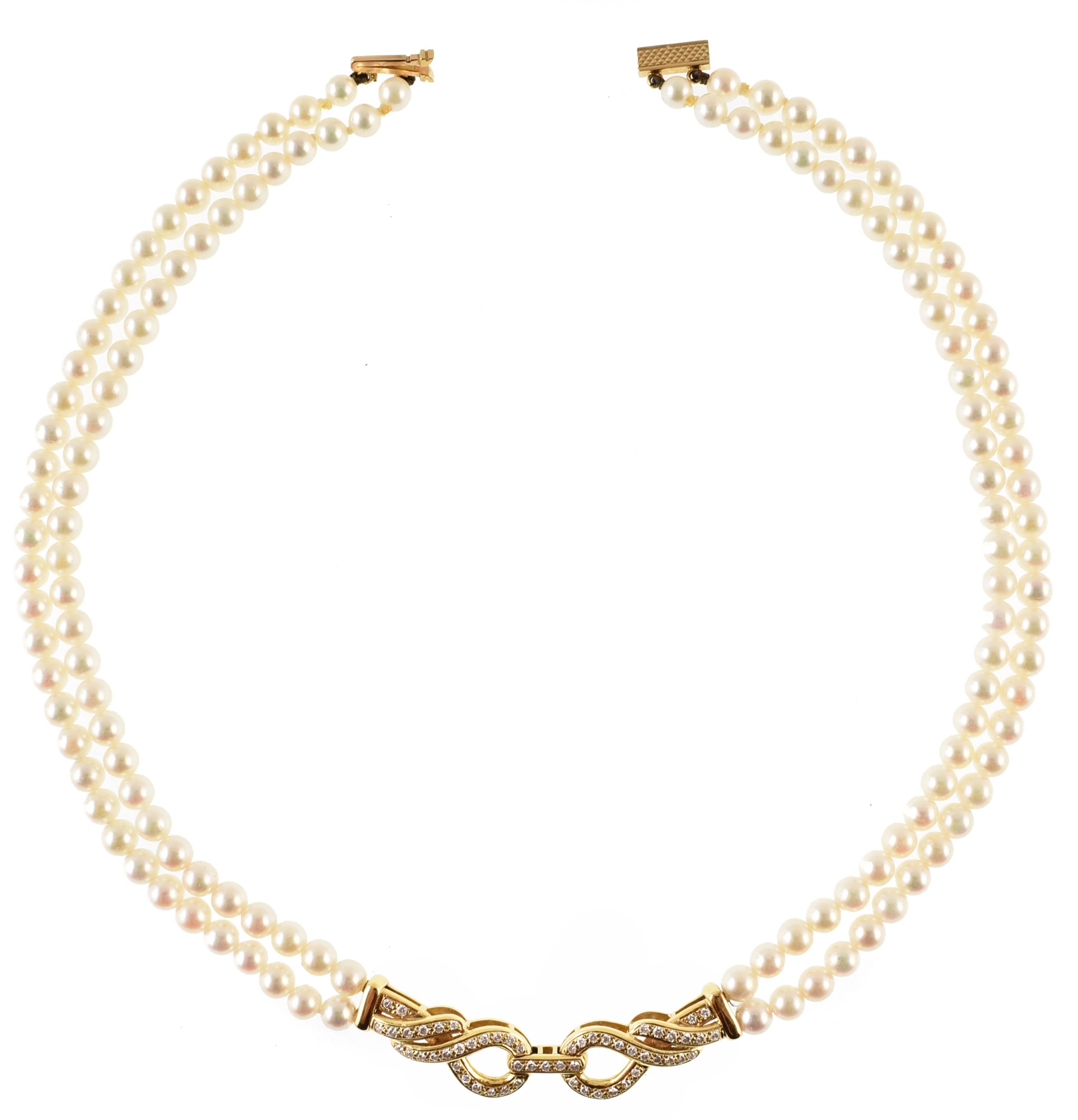 2-row cultured pearl choker necklace, with cross over figure-of-eight 18ct yellow gold clasp pave