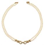 2-row cultured pearl choker necklace, with cross over figure-of-eight 18ct yellow gold clasp pave
