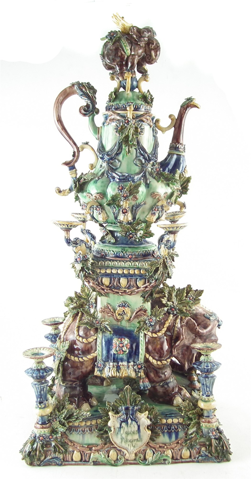 Peter Weldon Majolica elephant samovar "Loxodonta Africana", the elaborate vessel with winged - Image 3 of 20