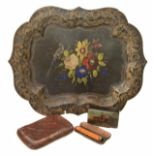 A Victorian papier-mache hand painted tray and snuff box with painted lid, polished hide cigar