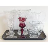 Five pieces of cut glass and overlayed glass goblet. Unfortunately we are not doing condition