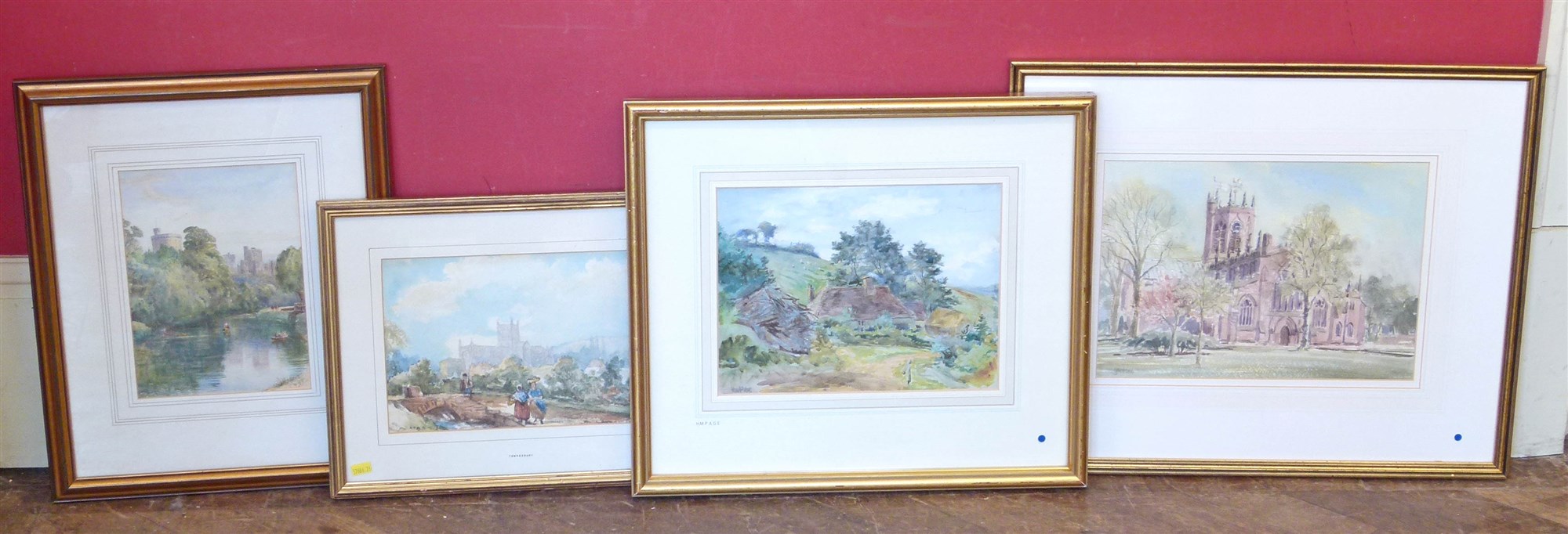 Four watercolours "Nantwich Church" by S.J. Williams, Cottage scene by H.M. Page, Tewksbury (A.T.