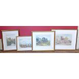 Four watercolours "Nantwich Church" by S.J. Williams, Cottage scene by H.M. Page, Tewksbury (A.T.