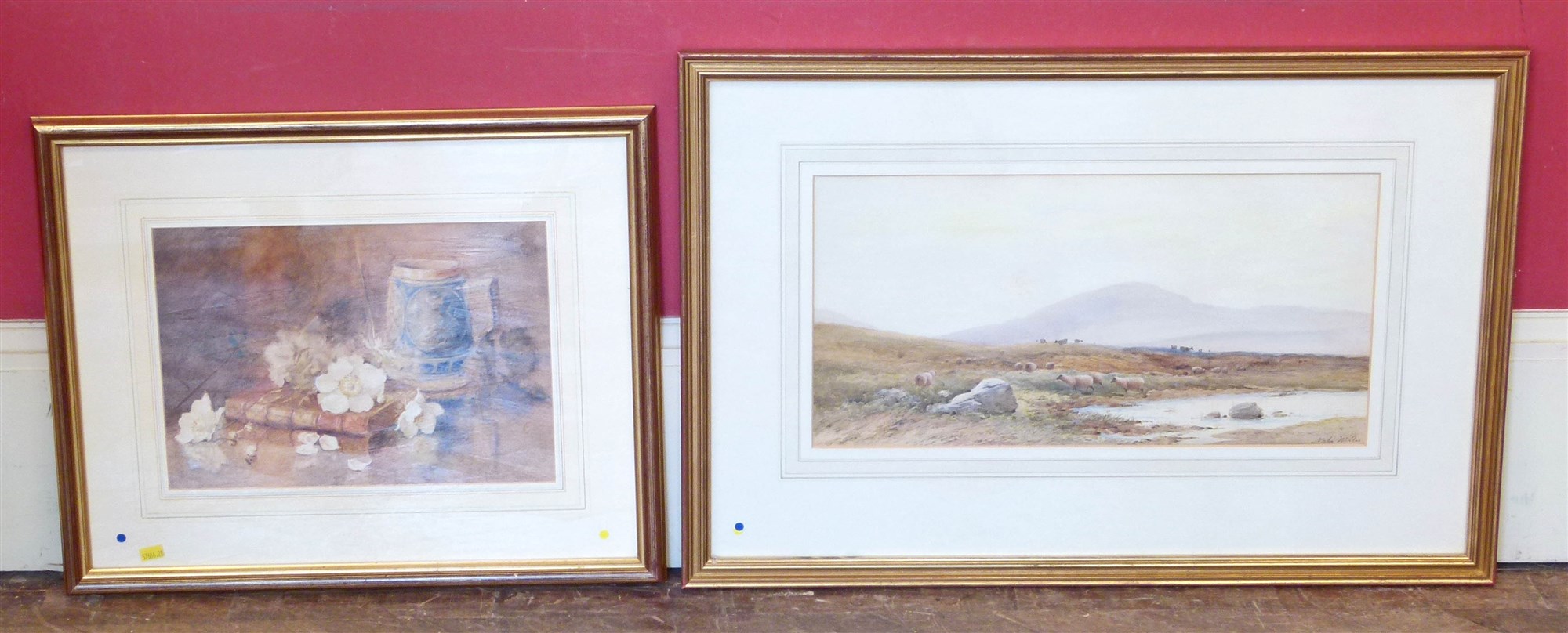 Watercolour by Norton Willit of rural scene with sheep grazing and still life Winifred Walker.