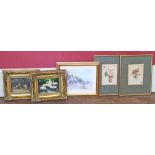 Hughes Clayton print, two reproduction gilt framed pictures of Ducks and Chickens and two still life