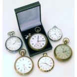 Six assorted base metal pocket watches, including an example by Timex, one by Sekonda & a Buren