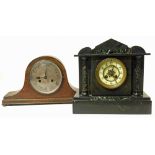 A Victorian slate mantle clock with two train movement and a Napoleon oak mantle clock Unfortunately